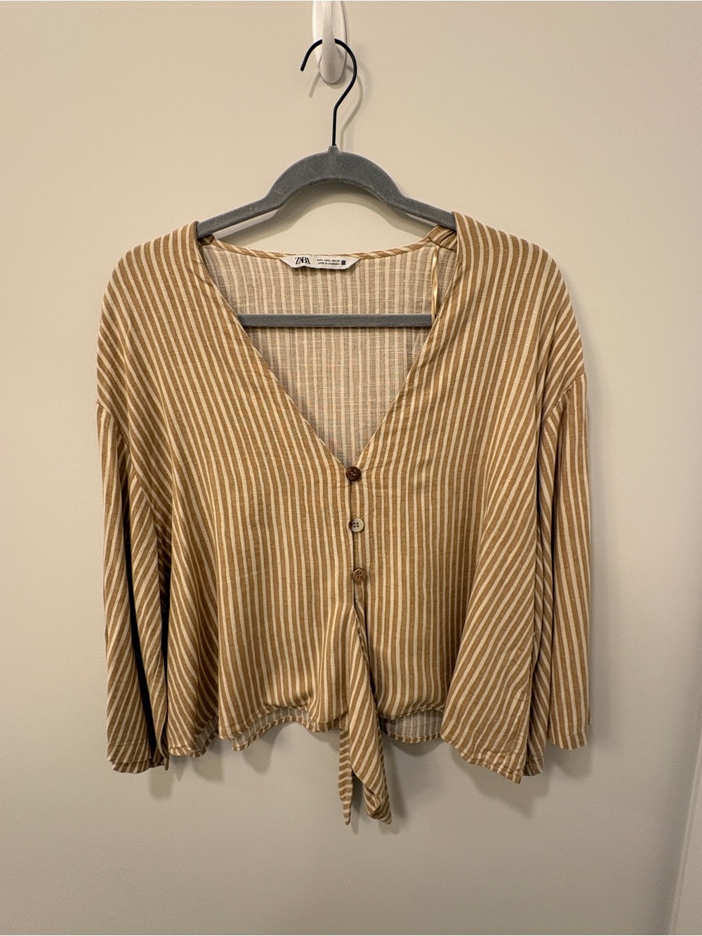 Zara Beige Striped Tie-Front Button Crop Top